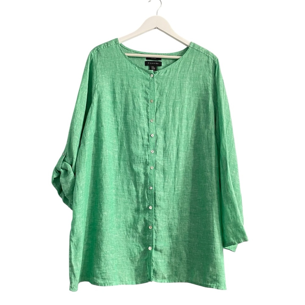 Tahari 100% linen button down shirt blouse tunic collarless green size 2X